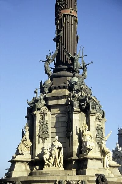 Spain, Barcelona. The base of the Columbus Monument, or Barcelona Colon