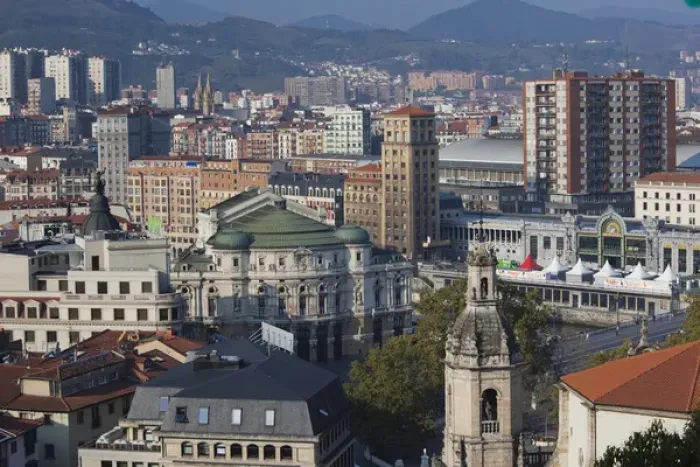 Framed Print : Spain, Basque Country Region, Vizcaya Province, Bilbao, elevated view of central Framed Print : Spain, Basque Country Region, Vizcaya Province, Bilbao, elevated view of central