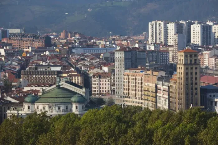 Framed Print : Spain, Basque Country Region, Vizcaya Province, Bilbao, elevated view of central Framed Print : Spain, Basque Country Region, Vizcaya Province, Bilbao, elevated view of central