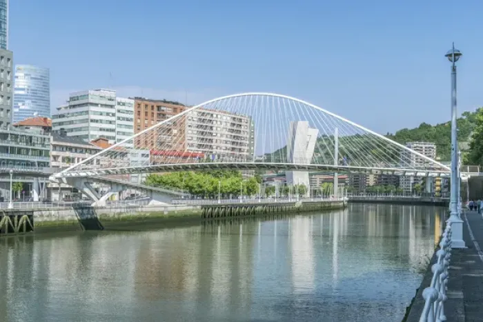 Framed Print : Spain, Bilbao, Zubizuri (Campo Volatin ) Bridge Over the Nervion River