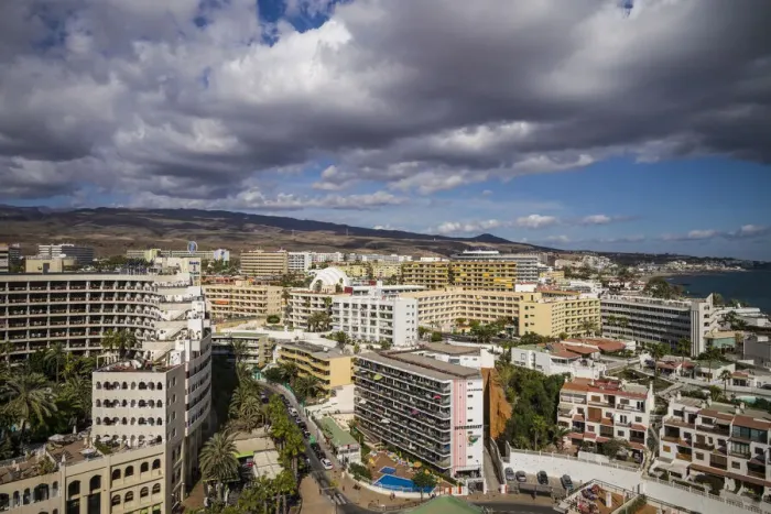 Framed Print : Spain, Canary Islands, Gran Canaria Island, Playa del Ingles, high angle view of town Framed Print : Spain, Canary Islands, Gran Canaria Island, Playa del Ingles, high angle view of town