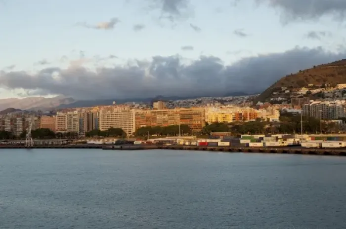 Framed Print : Spain, Canary Islands, Tenerife. Early morning port view of Muelle Sur area