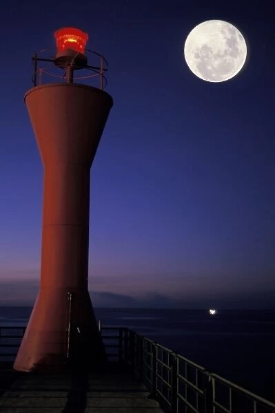 Spain, Canary Islands, Teneriffe, Santa Cruz. Lighthouse and full moon