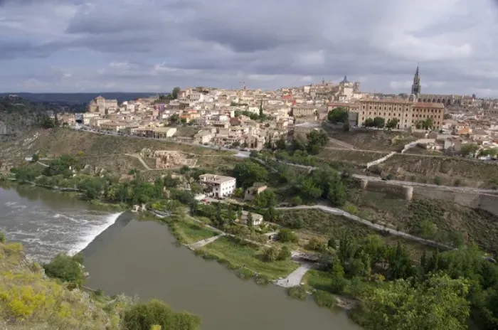Framed Print : Spain, Castilla-La Mancha, Toledo. Overviews of historic city, Tagus river (aka Rio Tajo)
