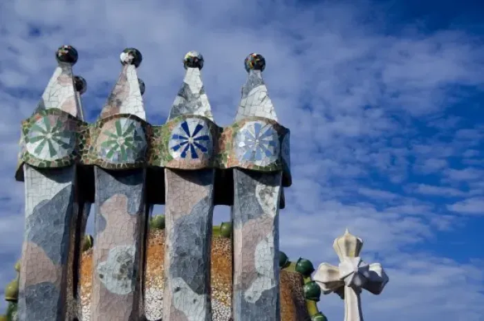 Framed Print : Spain, Catalonia, Barcelona. Casa Batllo (1906). Views of typical Gaudi chimney sturctures
