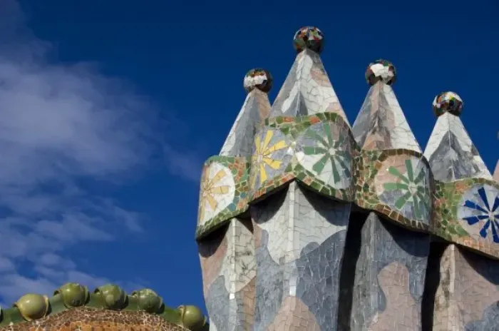Framed Print : Spain, Catalonia, Barcelona. Casa Batllo (1906). Views of typical Gaudi chimney sturctures
