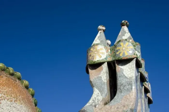 Framed Print : Spain, Catalonia, Barcelona. Casa Batllo (1906). Views of typical Gaudi chimney sturctures