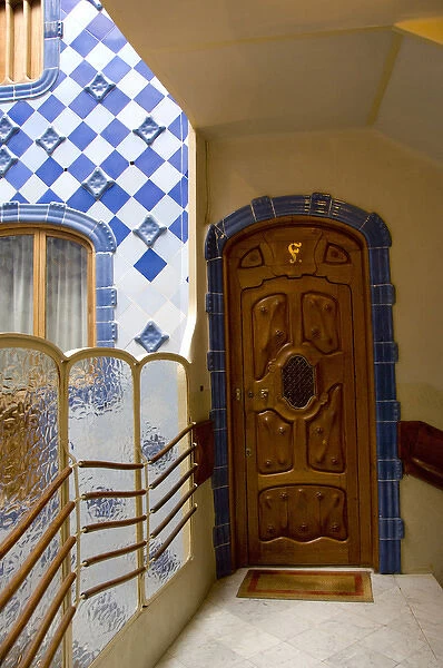 Spain, Catalonia, Barcelona. Gaudis Casa Batllo (1906). Blue tile interior
