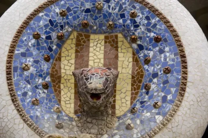 Framed Print : Spain, Catalonia, Barcelona. Gaudis Parc Guell. Dragon head fountain using fragmented pottery Framed Print : Spain, Catalonia, Barcelona. Gaudis Parc Guell. Dragon head fountain using fragmented pottery