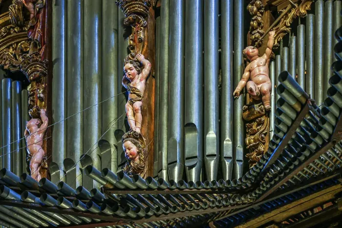 Framed Print : Spain, Galicia. Cathedral in Santiago de Compostela, organ pipes decorated with cherubs