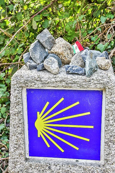 Spain, Galicia. One of the many kilometer markers along the Camino de Santiago