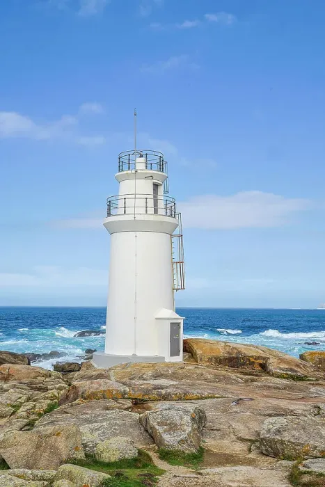Framed Print : Spain, Galicia. Muxia seashore and lighthouse