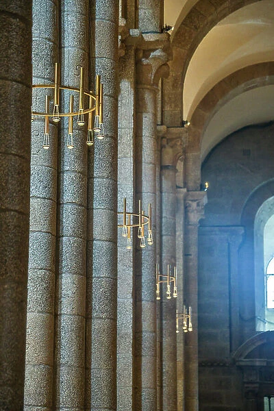 Spain, Galicia. Santiago de Compostela, chandeliers inside the cathedral of Santiago de Compostela