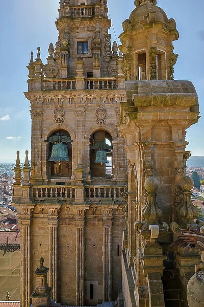 Spain, Galicia. Santiago de Compostela, view of the bell tower from the roof of the cathedral