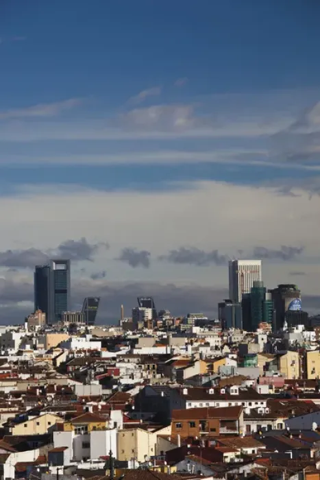 Framed Print : Spain, Madrid, Centro Area, elevated view of office towers in northern Madrid, morning Framed Print : Spain, Madrid, Centro Area, elevated view of office towers in northern Madrid, morning