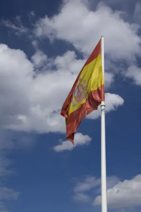 Framed Print : Spain, Madrid. Columbus Square, Spains flag