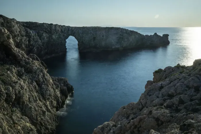 Framed Print : Spain, Menorca. Sunset at Pont d En Gil (natural arch)