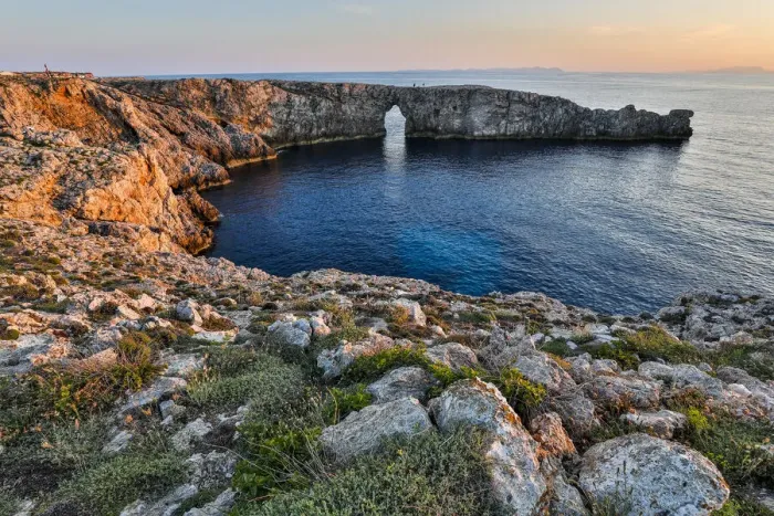 Framed Print : Spain, Menorca. Sunset at Pont d En Gil (natural arch)