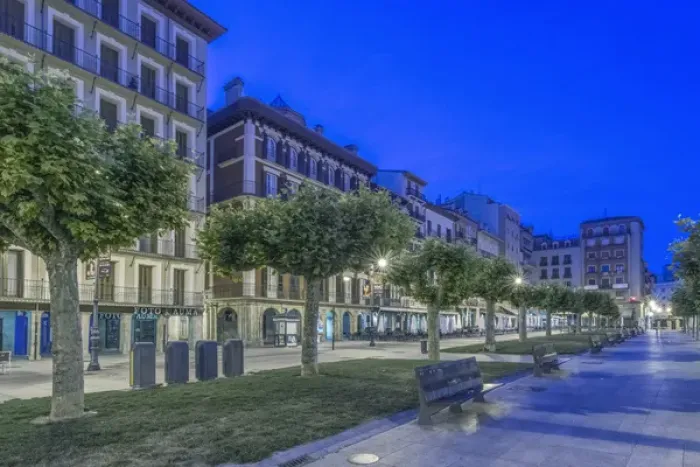 Framed Print : Spain, Pamplona, Plaza del Castillo at Dawn
