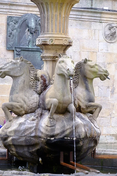Spain, Santiago. Horseheaded fountain near Cathedral Santiago de Compostela