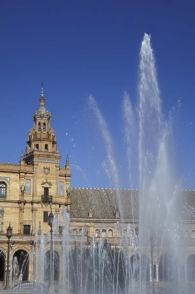 Spain, Sevilla, Andalucia Fountain and ornate Plaza de Espana (built 1929) in Parque