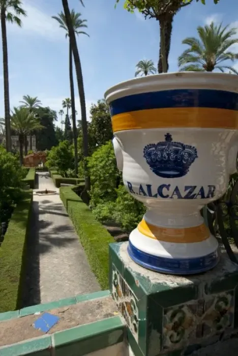 Framed Print : Spain, Seville. Alcazar (aka Reales Alcazares). Palace garden, ceramic flower pot Framed Print : Spain, Seville. Alcazar (aka Reales Alcazares). Palace garden, ceramic flower pot