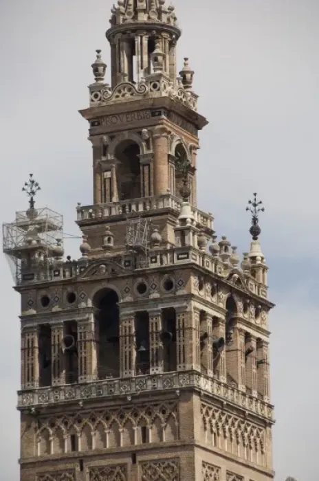 Framed Print : Spain, Seville. Gothic Seville Cathedral. Detail of La Giralda Renaissance bell tower
