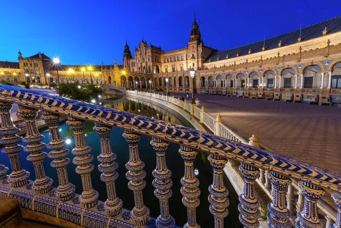 Framed Print : Spain, Seville. Plaza de Espana lit at sunset Framed Print : Spain, Seville. Plaza de Espana lit at sunset