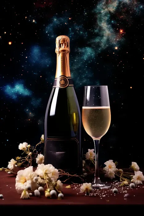 Framed Print : Sparkling wine glass and bottle. (AI Generated) Framed Print : Sparkling wine glass and bottle. (AI Generated)