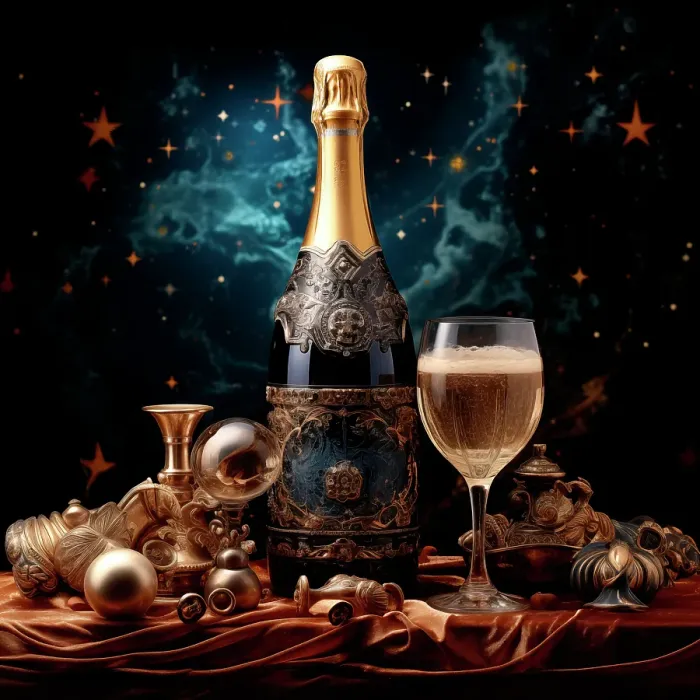 Framed Print : Sparkling wine glass and bottle. (AI Generated) Framed Print : Sparkling wine glass and bottle. (AI Generated)