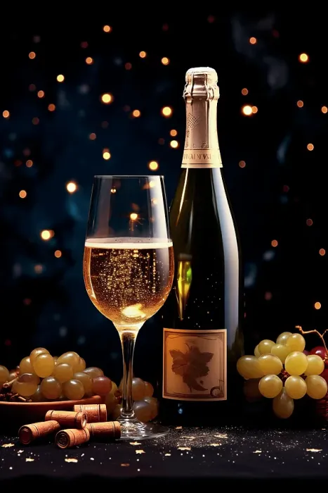 Framed Print : Sparkling wine glass and bottle. (AI Generated) Framed Print : Sparkling wine glass and bottle. (AI Generated)