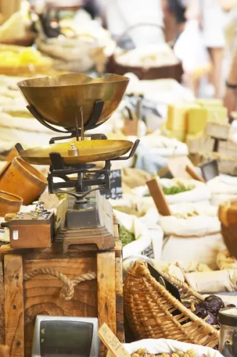 Framed Print : Spice seller at a market. An old fashioned scale to weigh the spices. Collioure. Roussillon Framed Print : Spice seller at a market. An old fashioned scale to weigh the spices. Collioure. Roussillon