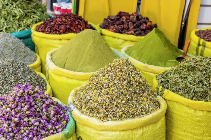 Framed Print : Spices and dry goods in the shops along narrow cobblestone streets of Kasbah in Bab Al Fahs, Old Medina, Tangier, Morocco, Africa