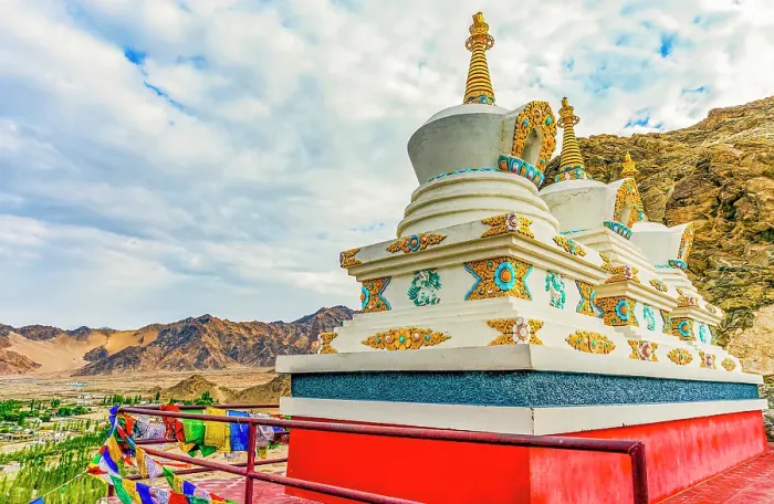 Framed Print : Spituk Monastery, Ladakh, India. Landscape view of three Tibetan Buddhist Stupas containing holy relics outside a monastery in the Leh Valley