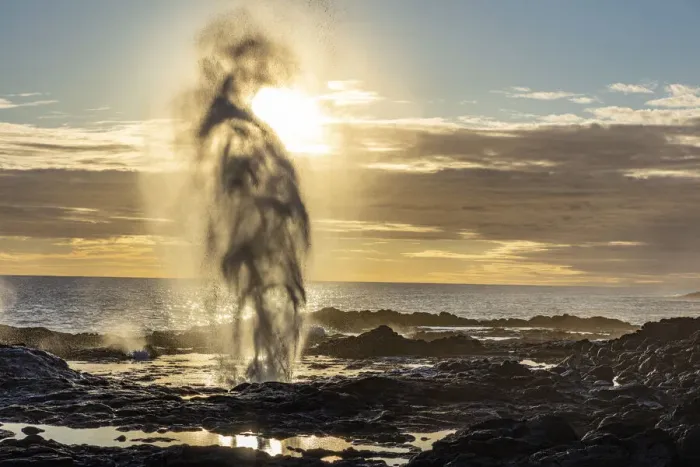 Framed Print : The Spouting Horn at sunset near Poipu in Kauai, Hawaii, USA