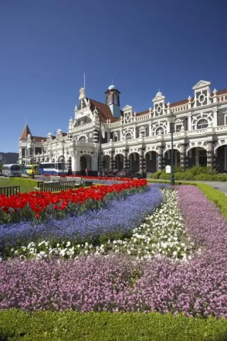Framed Print : Spring Flowers and Historic Railway Station, Dunedin, South Island, New Zealand Framed Print : Spring Flowers and Historic Railway Station, Dunedin, South Island, New Zealand
