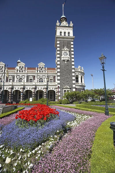 Spring Flowers and Historic Railway Station, Dunedin, South Island, New Zealand