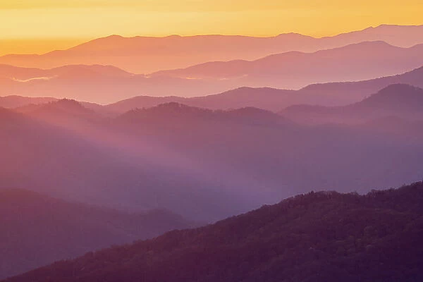 Spring sunrise view of mountains and mist, from Clingmans Dome area, Great Smoky Mountains National Park, North Carolina