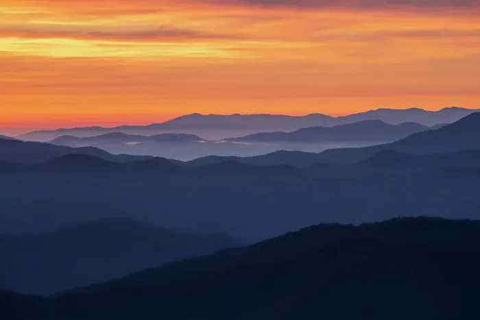 Framed Print : Spring sunrise view of mountains and mist, from Clingmans Dome area, Great Smoky Mountains National Park, North Carolina