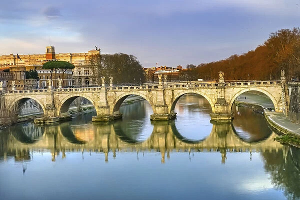 St. Angelo Bridge, Tiber River reflection, Rome, Italy. Bridge first built by Emperor