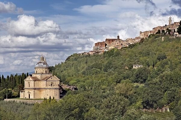 St. Antimo Abbey, and city of Montepulciano, Tuscany, Italy