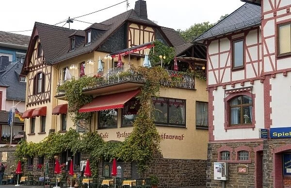St Goar, St Goarhausen, Germany. Wine country village Restaurant Rheingold on Rhine River