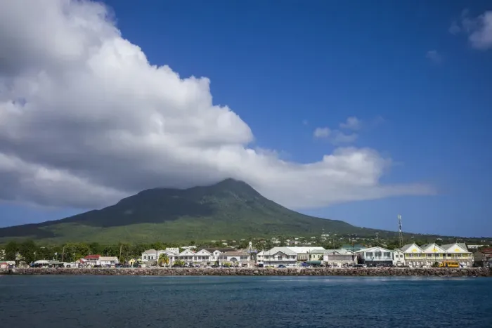 Framed Print : St. Kitts and Nevis, Nevis. Charlestown town view with Nevis Peak Framed Print : St. Kitts and Nevis, Nevis. Charlestown town view with Nevis Peak