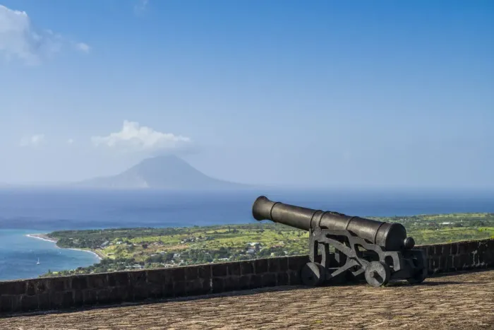 Framed Print : St. Kitts and Nevis, St. Kitts. Brimstone Hill Fortress, elevated coast view towards Framed Print : St. Kitts and Nevis, St. Kitts. Brimstone Hill Fortress, elevated coast view towards