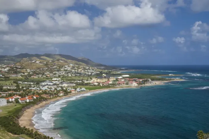 Framed Print : St. Kitts and Nevis, St. Kitts. Frigate Bay of the South Peninsula from Sir Timothys Hill Framed Print : St. Kitts and Nevis, St. Kitts. Frigate Bay of the South Peninsula from Sir Timothys Hill