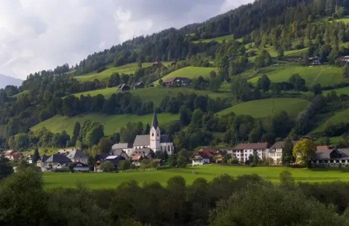 Framed Print : St Lorenzo village in Murau Austria with beautiful green mountains in this alpine setting