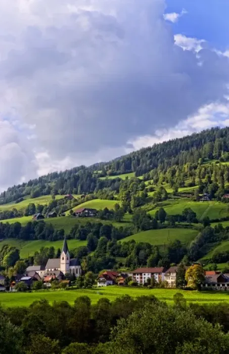 Framed Print : St Lorenzo village in Murau Austria with beautiful green mountains in this alpine setting Framed Print : St Lorenzo village in Murau Austria with beautiful green mountains in this alpine setting