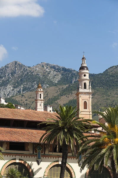 St. Michel church bell tower and old market, Menton, French Riviera, Cote d Azur