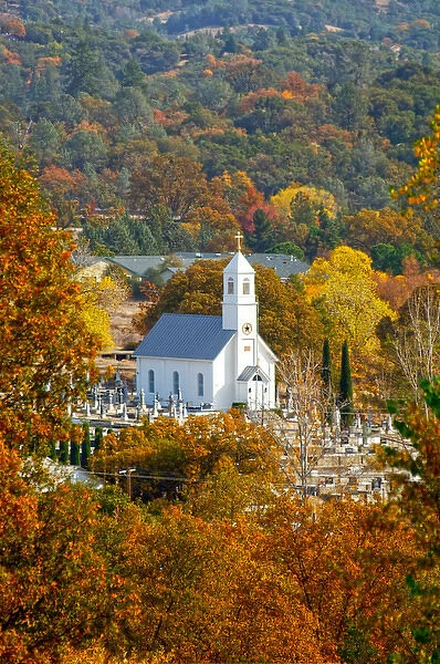 St. Sava Serbian Church and cemetary in Jackson, California surrounded by fall colors