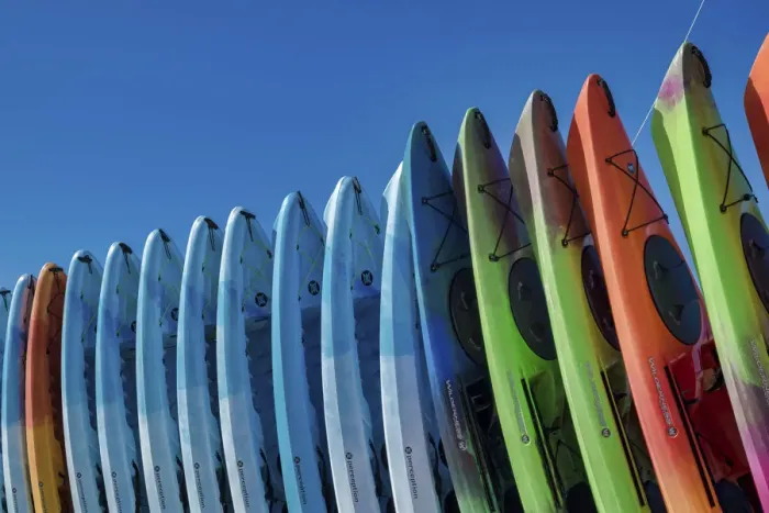 Framed Print : Stacked kayaks on a beach, Florida, USA